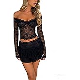 2 Pieces Mini Skirt Set for Women Elegant Lace Crop Top Bodycon Skirts Sheer Mesh Y2K Matching Sets