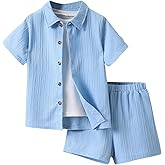 SweatyRocks Boy's 2 Piece Summer Vacation Outfits Short Sleeve Collar Button Down Shirt and Shorts Clothing Set