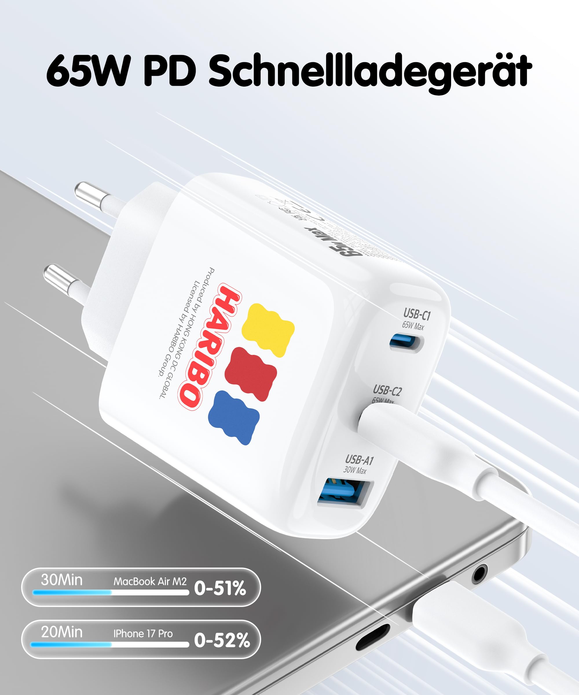 HARIBO USB C Ladegerät 65W 3-Port GaN Schnellladegerät PD/PPS Kompaktes USB-C Netzteil für MacBook Pro/Air, für iPhone 17/16/15, Galaxy S25/S24, iPad Pro, Pixel, Steam, Laptop, Geschenk, Blau 2
