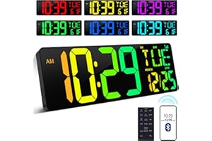 CYMHCHL Large Digital Wall Clock 17.2" Bluetooth Auto Time Sync Led Digital Clock Large Display 11 RGB Colors Auto-Dimming/DST Big Timer with Remote Control for Living Room Classroom Decor Garage Gym