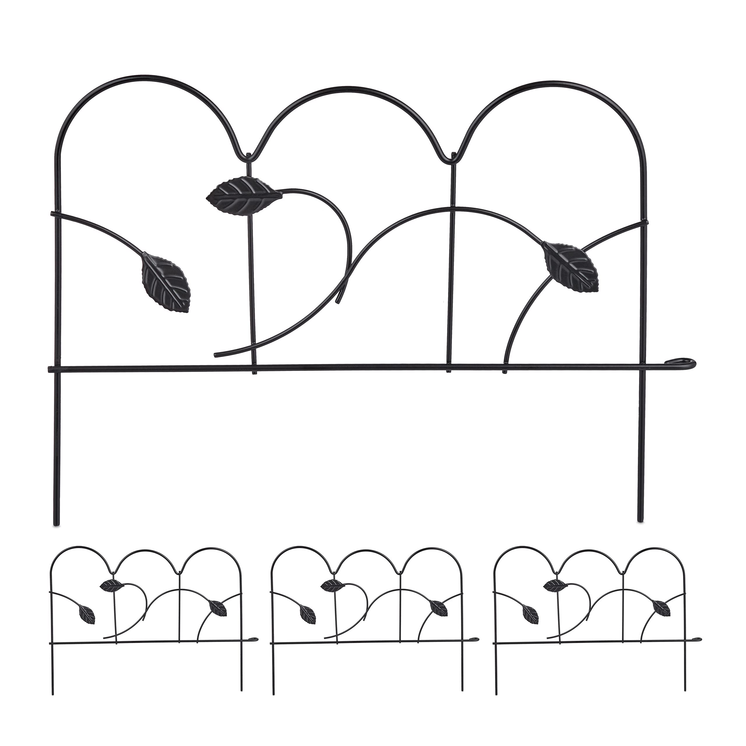 Relaxdays decorative garden fencing, lawn edging, set of 4 fence panels, 39 x 28.5 cm (LxH), metal, leaf design, black