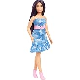 Barbie Fashionistas Doll #231 with Purple Hair, Wearing Strapless Denim Butterfly-Print Dress with Pink Belt and Boots
