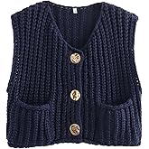 FindThy Women’s Cropped Sweater Vest Cute Crewneck Button Down Sleeveless Crop Knit Cardigan with Pocket