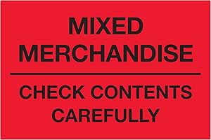 3M Top Pack Supply "Mixed Merchandise Check Contents Carefully" Labels/Stickers, 2 x 3", Fluorescent Red, 500 Labels Per Roll (1 Roll)