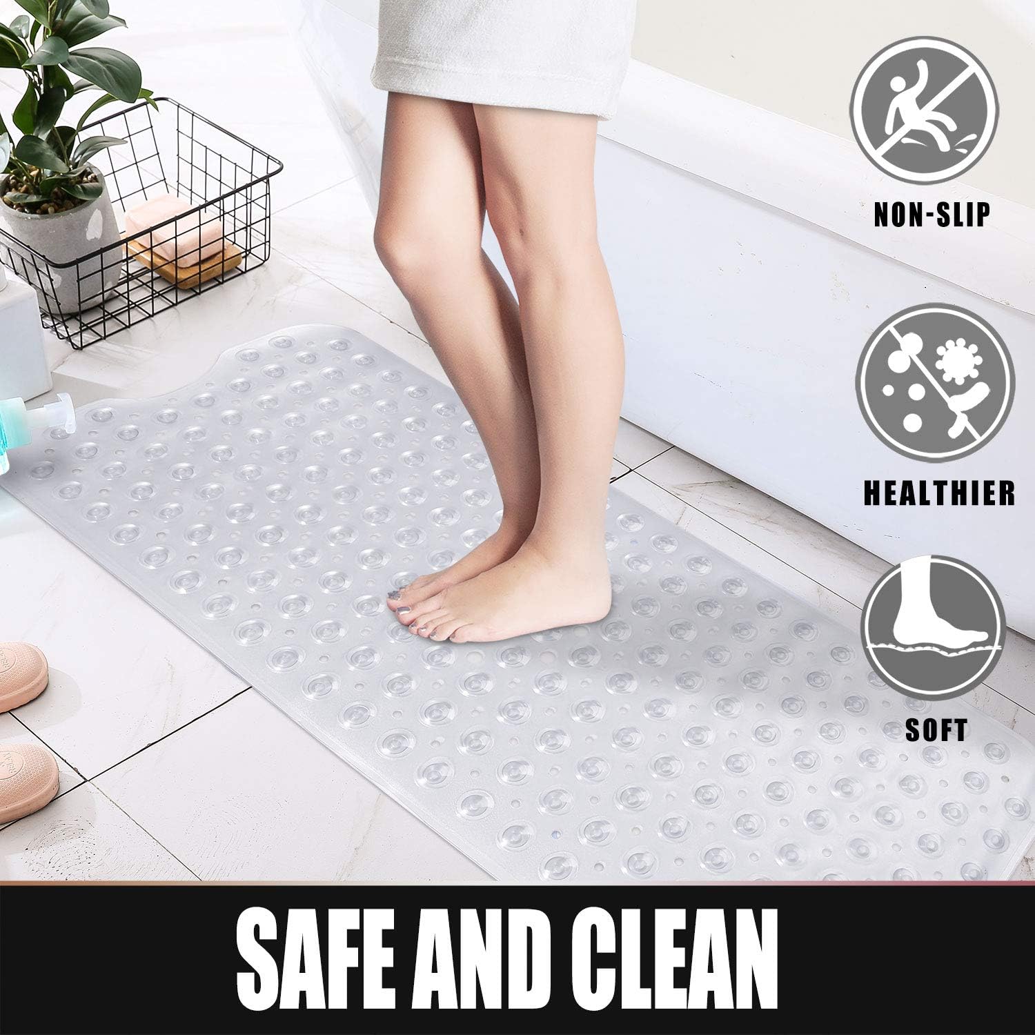 Yimobra 2-Pack Original Bath Tub Shower Mat Extra Long 16 x 40 Inches, Non-Slip with Drain Holes, Suction Cups, Machine Washable, Phthalate Free, Latex Free, BPA Free, Bathroom Mats, Clear: Home & Kitchen