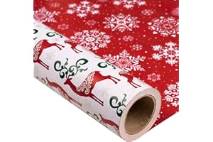 MAYPLUSS Christmas Reversible Wrapping Paper - Mini Roll - 17 Inch X 32.8 Feet- Red Green Reindeer Design (47.3 sq.ft.ttl)