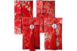 PROPUPY 4 Pcs Silk Red Envelopes Lucky Money Pockets Hongbao Chinese Element Invitation Envelop for Wedding, New Year, Spring Festival