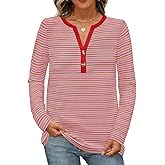 MEROKEETY Women's Fall Long Sleeve Striped Henley Tops V Neck Dressy Casual Loose Shirt 2025 Trendy Blouse