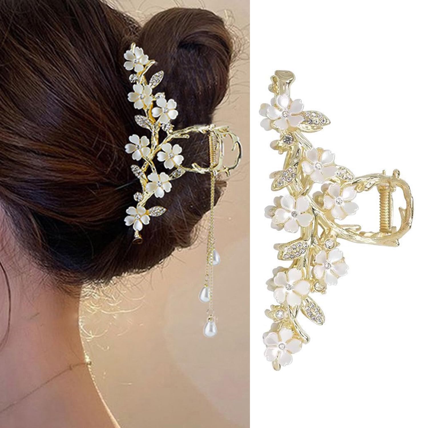 Photo 1 of 1 Pack Flower Hair Claw Clips for Women, Large Strong Hold Hair Clips Pearl Crystal Flower Tassel Metal Hair Jaw Claw Non-Slip Unique Design Hair Catch Barrette Fashion Holiday Beach Hair Accessories