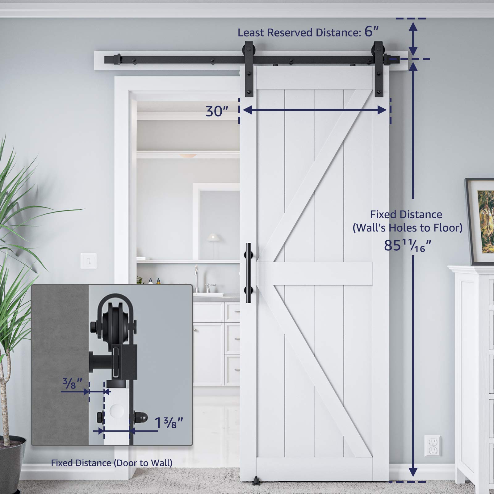 COSHOMER 30in x 84in White Sliding Barn Door with 5ft Barn Door Hardware Kit & Handle, Pre-Drilled Holes Easy Assembly -Solid Wood Slab Inside Covered with Water-Proof PVC Surface, MDF, K-Frame