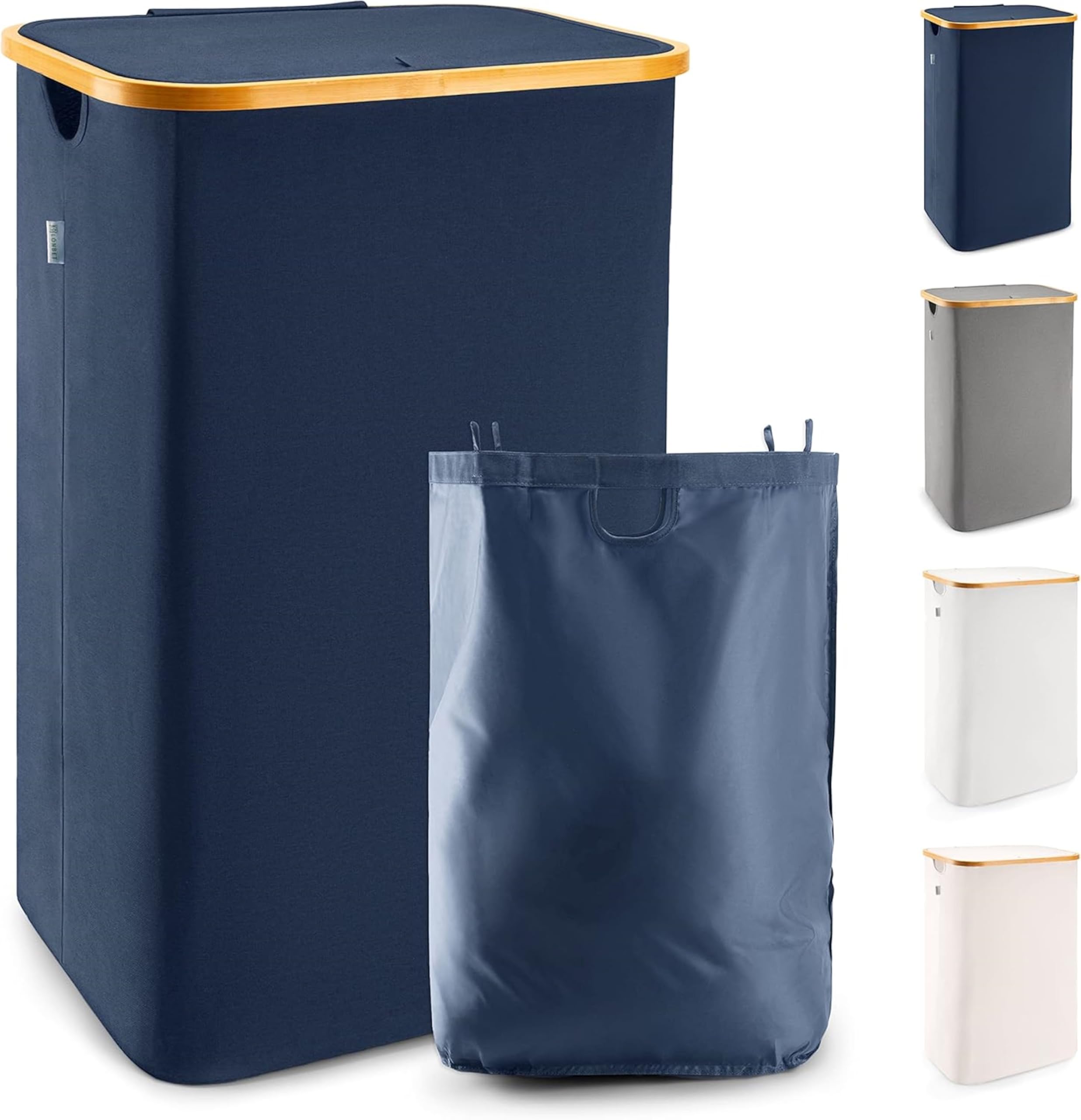 LONBET 100L Laundry Basket with Lid and Sturdy Bamboo Frame - Aesthetic Laundry Hamper with Side Handles and Made from Breathable Fabric - Laundry Bin with Removable Bag, Clothes Basket Blue