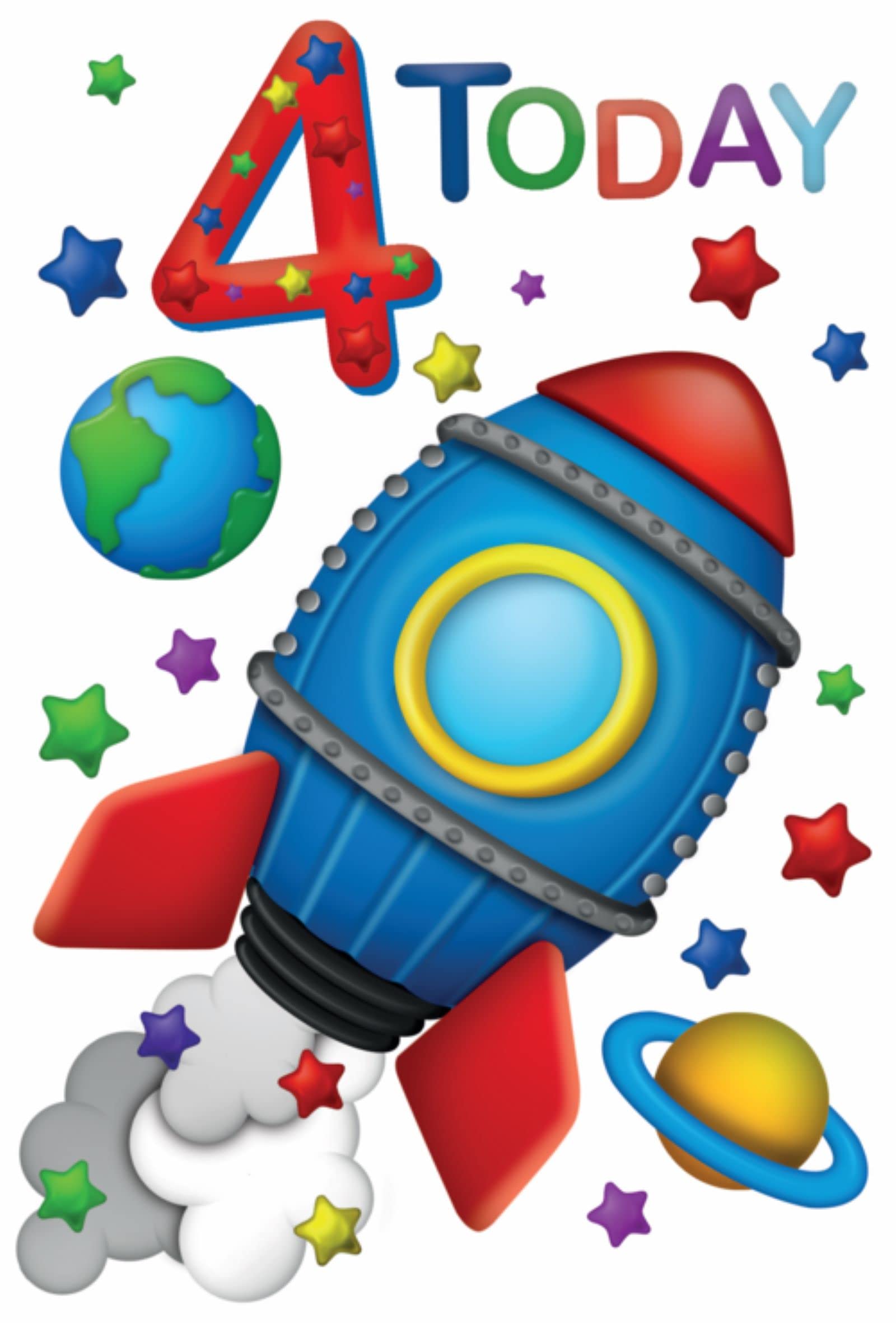 Age 4 Boy 4th Birthday Card - Blue & Red Rocket With Planets & Stars 7.75x5.25