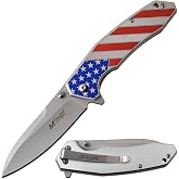 MTech USA MT-A1024A Spring Assist Folding Knife, Satin Silver Straight Edge Blade, American Flag Handle, 4.5-Inch Closed