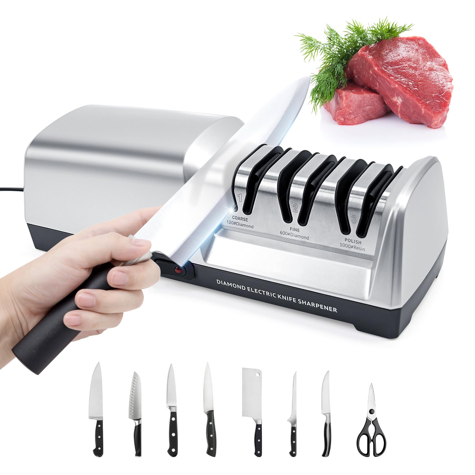 Photo 1 of OEC-T5 Electric Knife Sharpener, Professional 3-Stage Electric Knife Sharpeners with Precision Angle Guide and Diamond Abrasive for Straight Edge, Kitchen Knives, Ceramic Knives. Silver