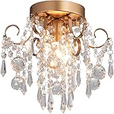 Q&S Mini Chandelier Crystal Ceiling Light,Small Flush Mount Gold Light Fixture for Entryway Bedroom Barthroom Hallway Closet 
