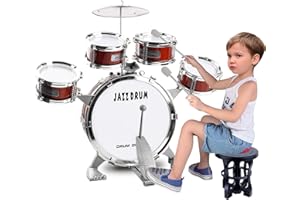 TWFRIC Kids Drum Set 9 Piece Toddler Drum Kit Musical Instruments Kids Jazz Drum Kit with Stool, Bass Drum, Cymbal, 2 Drum Sticks and 4 Small Drums Toys for 3 4 5 Year Old Boys Girls Gifts (Red)