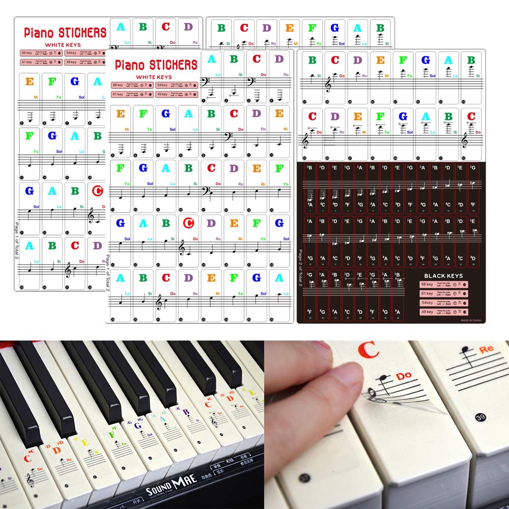 Koldot Piano Keyboard Stickers for 88/61/54/49/37 Keys - Removable Do Re Mi Note Stickers, Colorful Large Bold Letter Staff for Kids & Beginners Learning 2PC (Black and White)