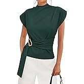 PRETTYGARDEN Women Blouses Spring Dressy Cap Sleeve Mock Neck Work Shirts Buckle Tunic Summer Business Casual Tops 2026
