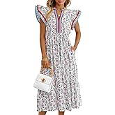 Wenrine Womens Summer Floral Midi Dresses Ruffle Cap Sleeve V Neck Flowy Boho Casual Beach Vacation Sundress