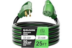 islewire 25 Feet 50 Amp RV/EV Extension Cord with Grip Handle, Heavy Duty 6/3+8/1 Gauge STW 4 Prong RV Power Cord, NEMA 14-50P/R with Cord Organizer for Tesla Model 3/S/X/Y, Black & Green, ETL Listed