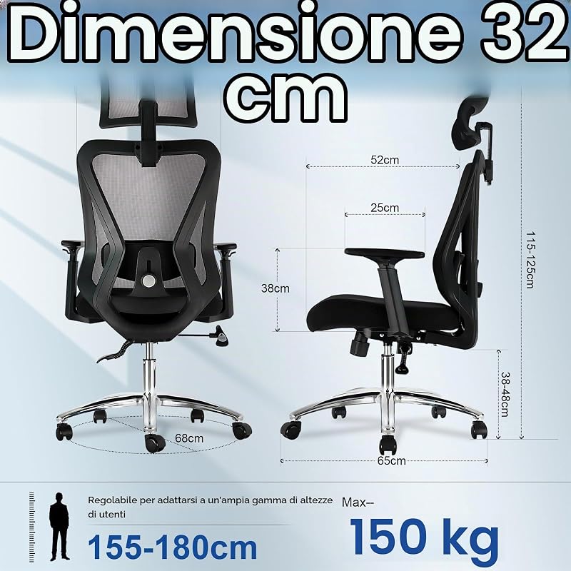 Sedia da ufficio ergonomica, con supporto lombare, poggiatesta e braccioli regolabili, blocco di inclinazione a 3 livelli, sedia da scrivania delicata sulla schiena, fino a 150 kg, per ufficio