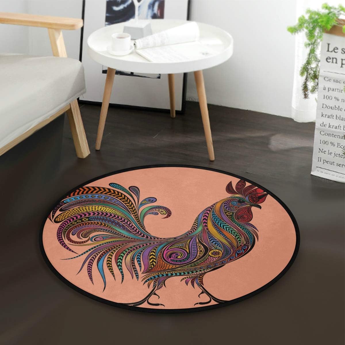 Colorful Rooster Round Area Rug, NonSlip Carpet Floor Mats