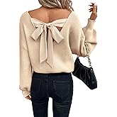 Womens Bow Back Sweater Sexy Off The Shoulder Pullover Sweaters Oversized Long Sleeve V Neck Knit Tops
