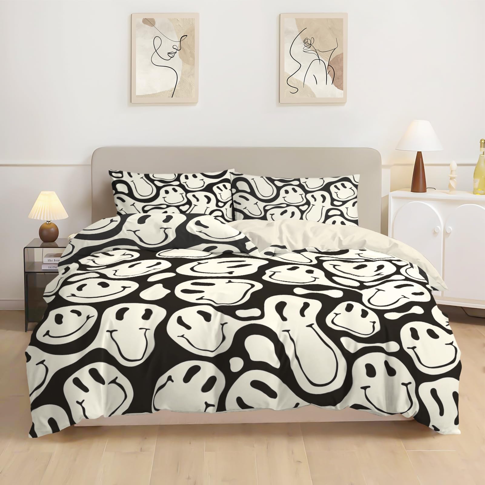 Photo 1 of Watbro Kid's Duvet Cover Full Size, Retro Hippie Beddding Set, 3PCS Soft Microfiber Bedding Set with Zipper Closure&Corner Ties, Girl Bedding with Pillowcase - Black Apricot, Full