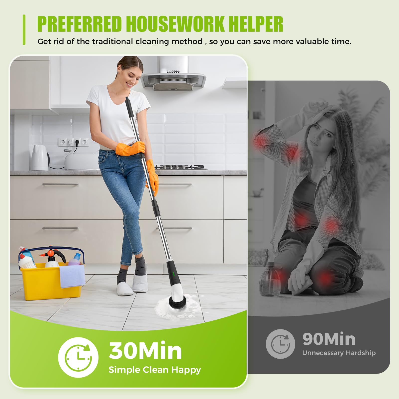 Electric Spin Scrubber,Cordless Electric Cleaning Brush,Shower Scrubber 2 Speeds,8 Brush Heads,IPX7 Waterproof,Adjustable Long Handle for Bathroom, Tub,Tile,and Car