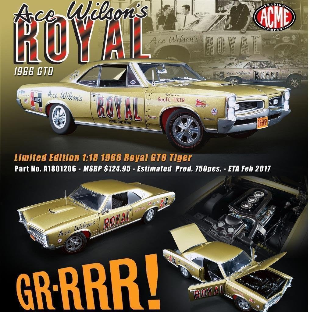 NEW 1:18 ACME LIMITED EDITION COLLECTION - GOLD 1966 PONTIAC GTO ACE WILSON'S ROYAL TIGER DRAG CAR Diecast Model Car By ACME