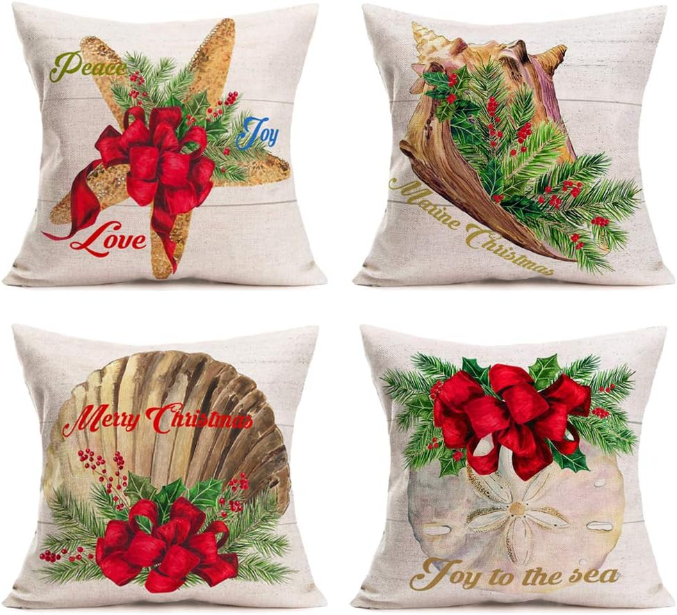 Hopyeer Ocean Park Merry Christmas Home Sofa Decoration Pillow Covers Decor Vintage Wood Coastal Starfish Beach Scallop Coral Red Xmas Mistletoe Cushion Cover 18"X18" Nautical Pillowcase (OP-Nautical)