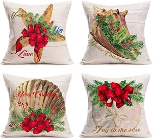 Hopyeer Ocean Park Merry Christmas Home Sofa Decoration Pillow Covers Decor Vintage Wood Coastal Starfish Beach Scallop Coral Red Xmas Mistletoe Cushion Cover 18"X18" Nautical Pillowcase (OP-Nautical)