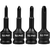 3/8'' Drive Phillips Socket Adapter Set PH1 PH2 PH3 PH4 Cross Head Bit | 60mm Chrome Steel Impact Screwdriver Socket Adapters for Ratchets, Wrenches &amp; Power Tools, Square Drive, Black Finish