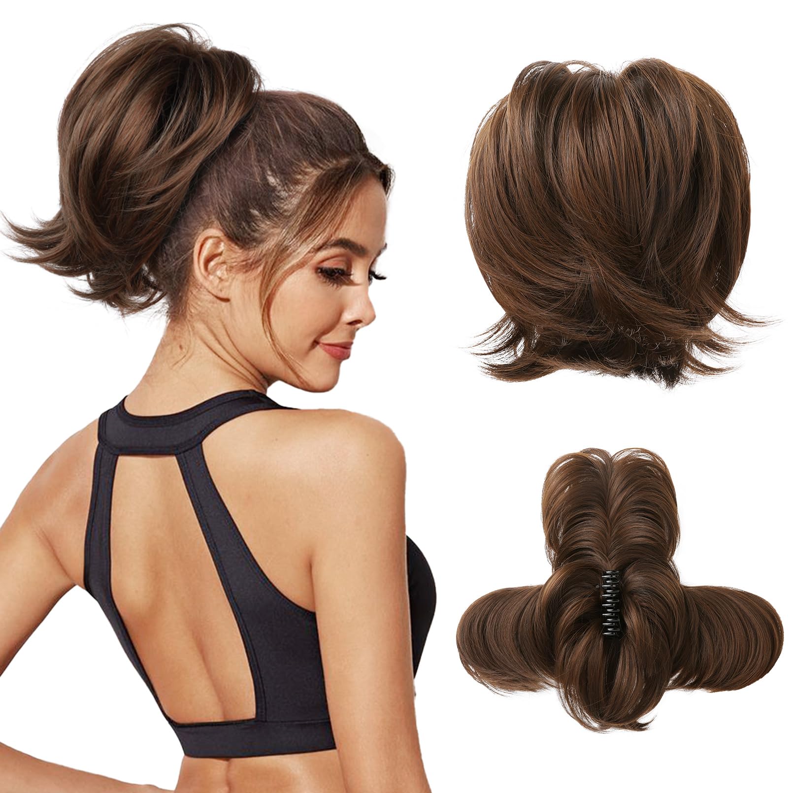 REECHO Messy Bun Hair Piece, Claw Clip Hair Bun Short Ponytail Extension with Bendable Metal Wire Fake Bun Hair Pieces for Women - Chocolate Brown — image 1