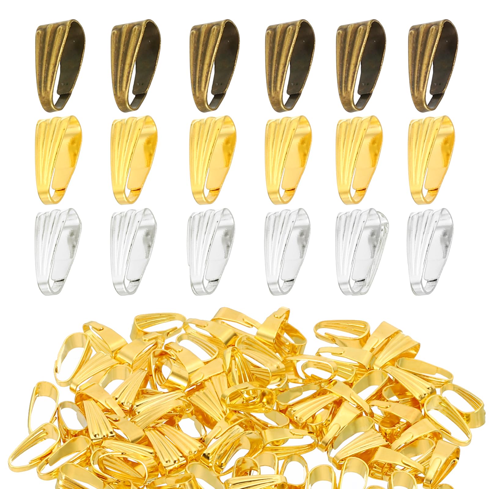 PATIKIL 8.5x3.5mm Snap Bail Hook Pinch Set, 300Pcs Alloy Pendant Charm Clasp Connectors Bail for Necklace Jewelry Making Bracelet Dangle DIY Crafts, Gold Tone, Silver Tone, Bronze