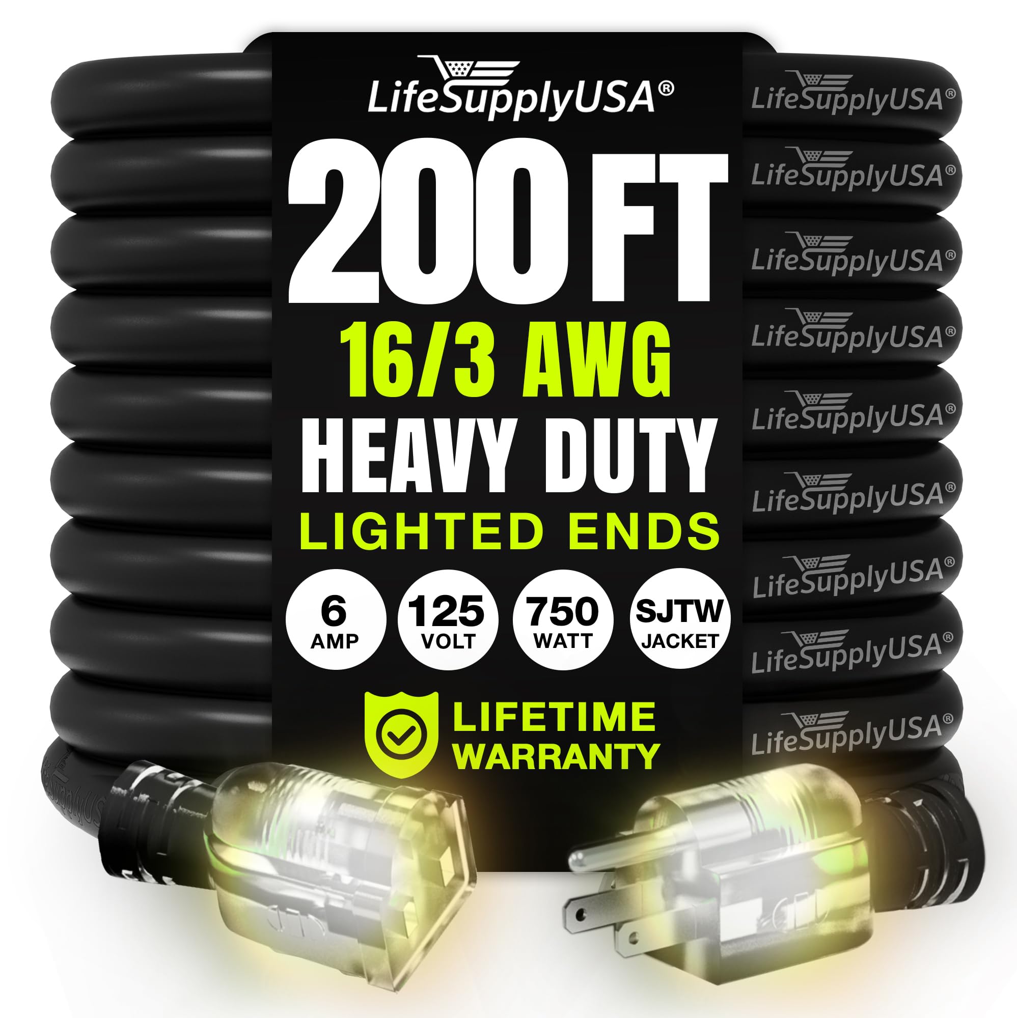 Photo 1 of 200ft Outdoor/Indoor Extension Cord 16/3 Gauge Heavy Duty 3 Prong SJTW, Waterproof, Flexible Cold-Resistant Long Power Cord,125 Amp 750W, Black by LifeSupplyUSA