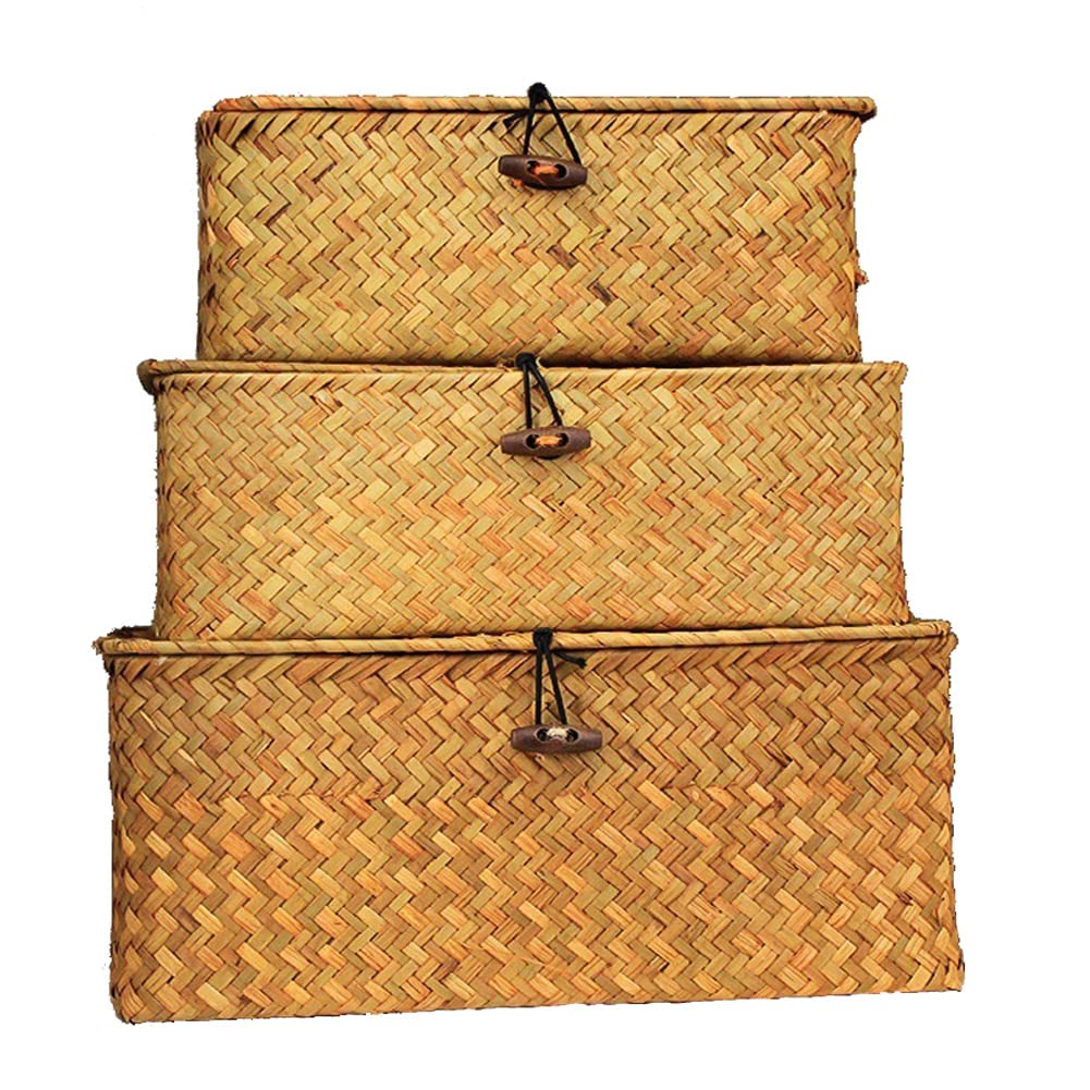 YSGLIFE Set of 3 Storage Box with Lid Seagrass Rattan Woven Rectangular Multipurpose Organizer Baskets for Clothes, Makeup, Books and Shelves(Orange,Small/Medium/Large)