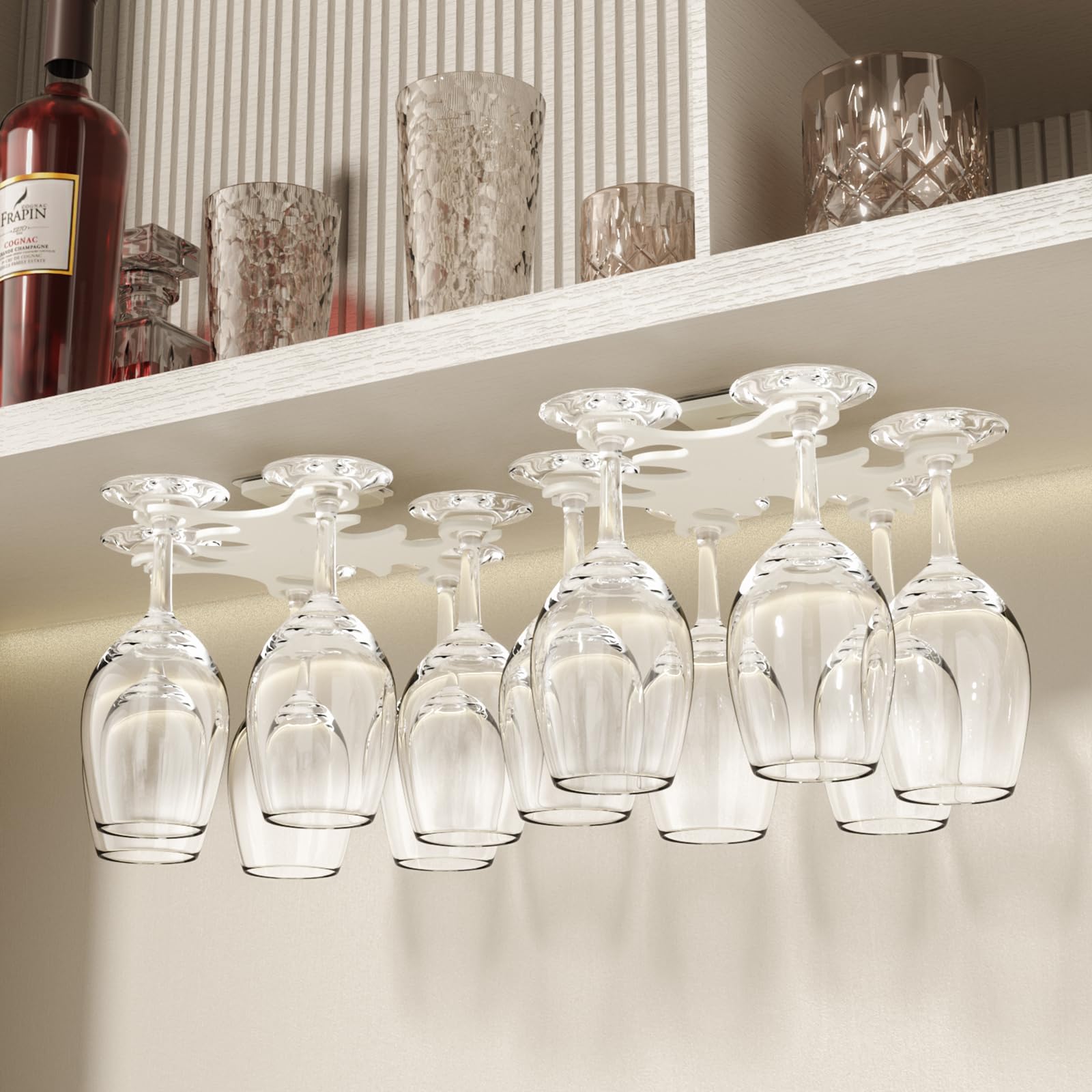 Vaisoeny Wine Glass Rack, 360° Infinitely Rotating Wine Glass Holder, No Drilling Wine Glass Holders Hanging Under Shelf, Easy Installation Wine Glass Storage for Kitchens and Bars.(2PACK-White)