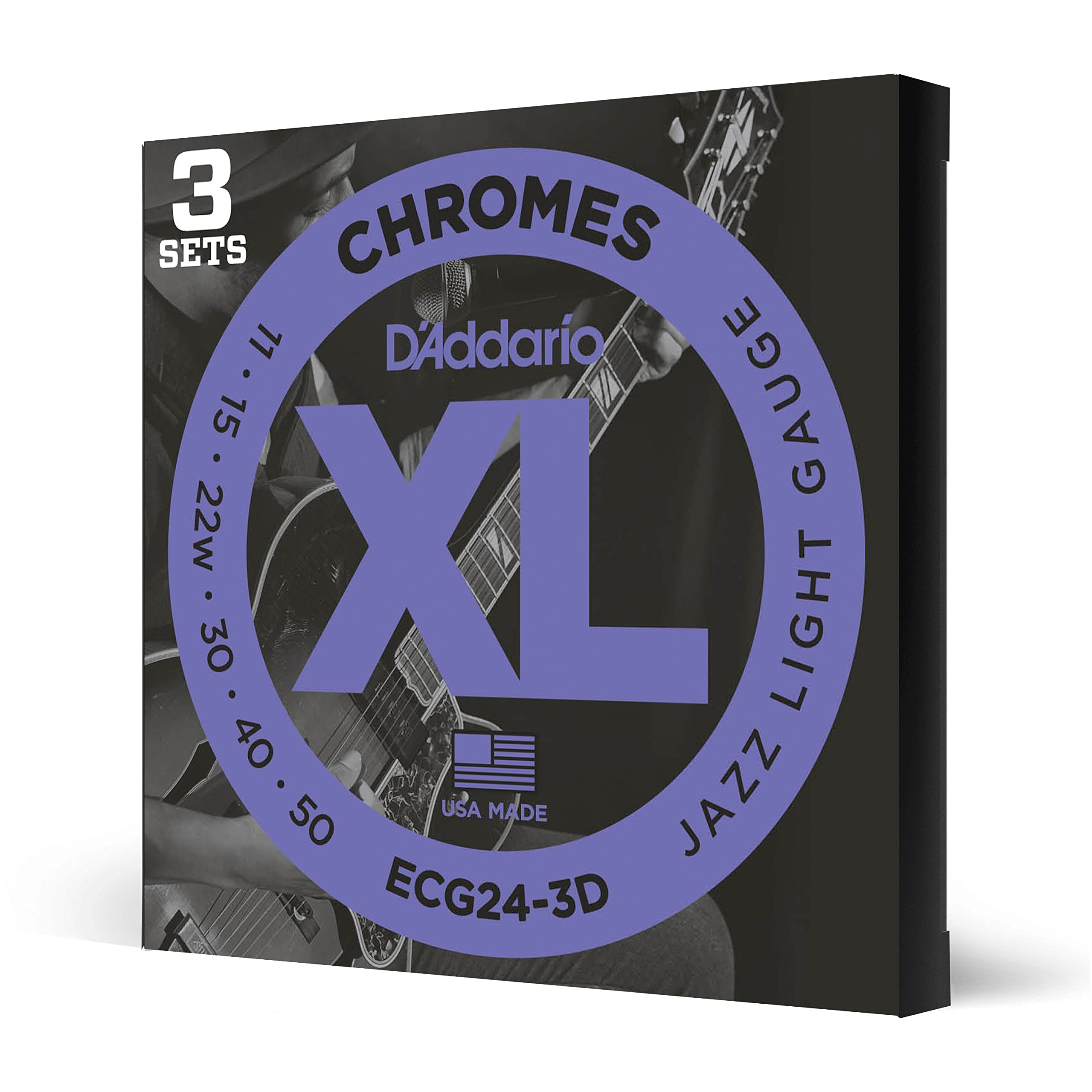 D'Addario Guitar Strings - XL Chromes Electric Guitar Strings - Flat Wound - Polished for Ultra-Smooth Feel and Warm, Mellow Tone - ECG24-3D - Jazz Light, 11-50, 3-Pack