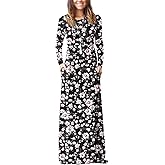 DEARCASE Women's Maxi Dress Long Sleeve Crewneck Loose Plain Casual Empire Waist Fall Party Long Dresses with Pockets