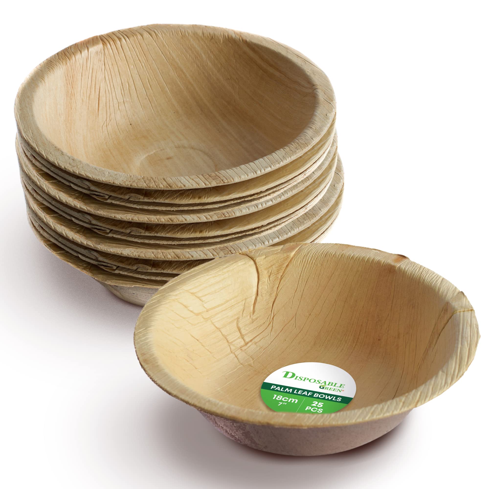 DISPOSABLE GREEN – Round Disposable Areca Leaf Serving Bowls, 18.5cm x 5cm Deep, 25-Pcs for Hot & Cold Food, Parties, Weddings & Catering