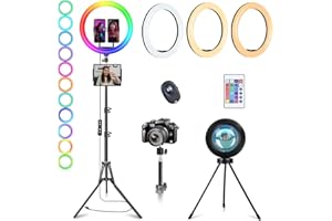 WISAKEY 13" Selfie Ring Light with Stand 76" Tall & 2 Phone Holders, Tablet Holder, Sunset Lamp & 51 Color Modes, Desk Tripod, 12 Dimming Levels Halo Light, Christmas LED Ringlight for iPhone/TikTok/YouTube