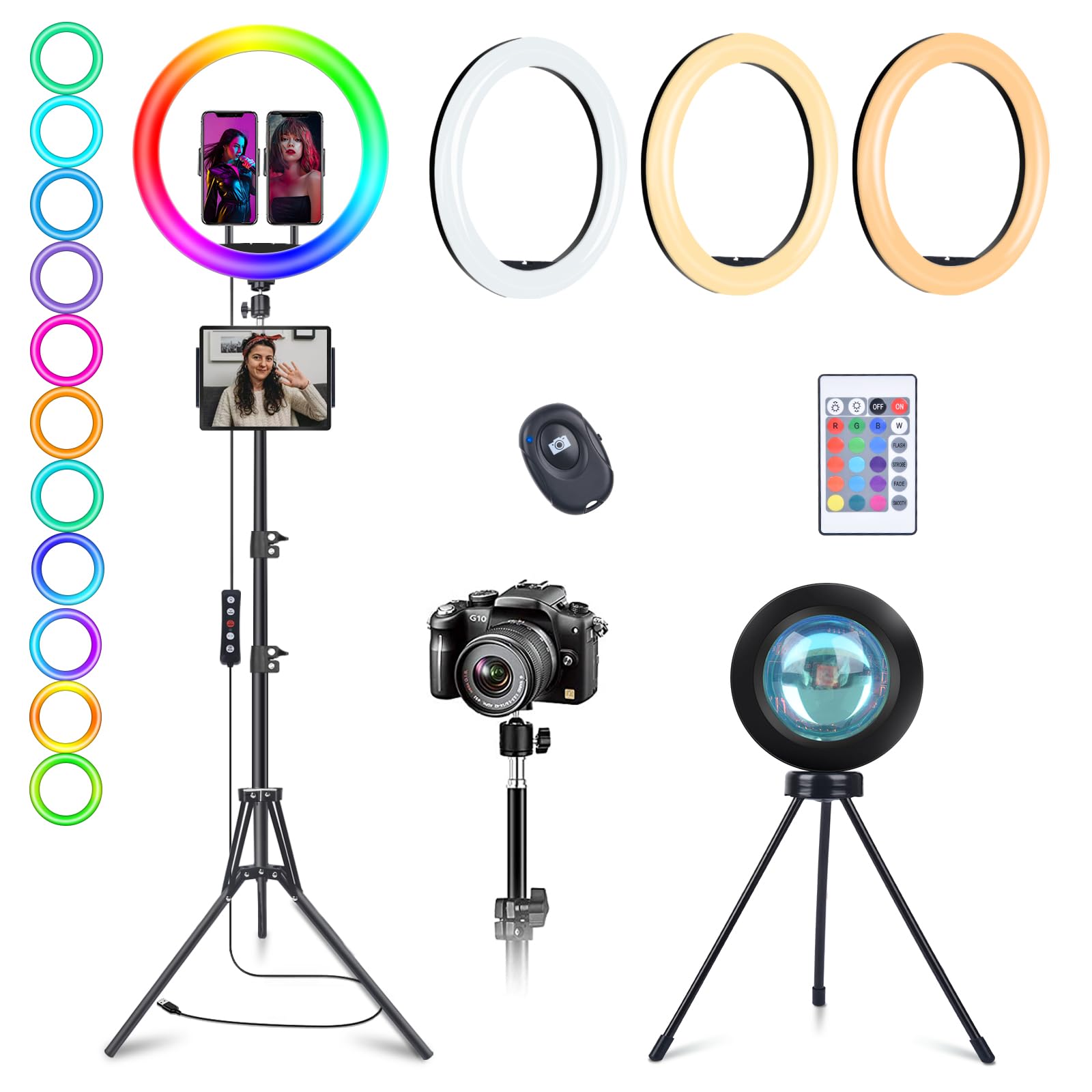 Photo 1 of 13" Selfie Ring Light with Stand 76" Tall & 2 Phone Holders, Tablet Holder, Sunset Lamp & 51 Color Modes, Desk Tripod, 12 Dimming Levels Halo Light, Christmas LED Ringlight for iPhone/TikTok/YouTube