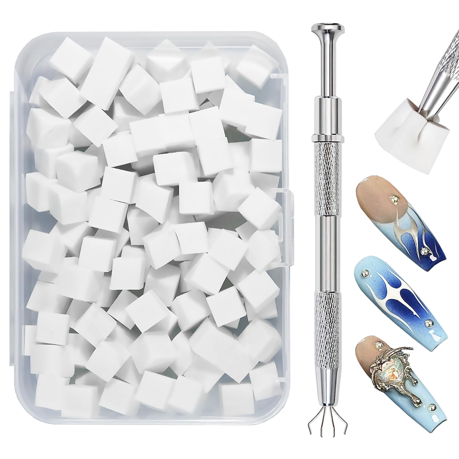 Qufiiry 100 PCS Nail Sponges for Ombré, Nail Art Tools Sponge Brush, Nail Art Sponge with 1 Metal Grabber Nail Brushes Storage and Box for Nail Art Design Manicure Diy