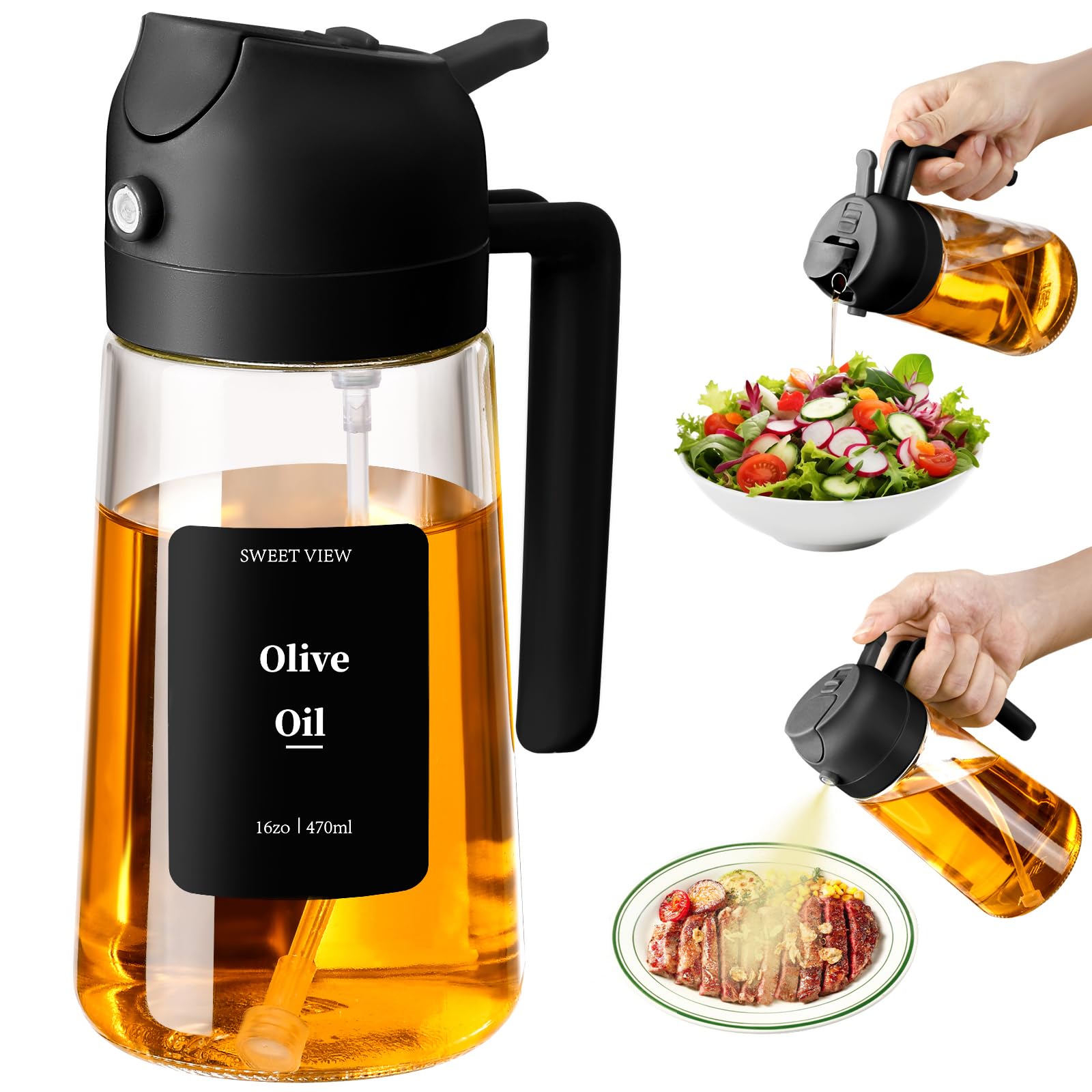 SWEET VIEW 2 in 1 Ölsprüher zum Kochen, 470ml Glasölflaschen/Olivenöl Sprühflasche für Salat, Grillen und Heißluftfritteuse (Schwarz)