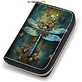 stmedazm Credit Card Holder Wallets for Women, RFID Blocking Small Leather Card Case Wallet with Zipper Accordion Wallets, Dragonfly