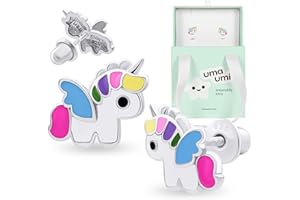 UMAUMI 925 Heart Butterfly Star Unicorn Rainbow Cat Daisy Ladybug Dog Bunny Dance Birt Fox Angel Cloud Banana Tiger Animal Donut Stud Earrings for Baby Girls Kids 925 Sterling Silver Hypoallergenic Rhodium