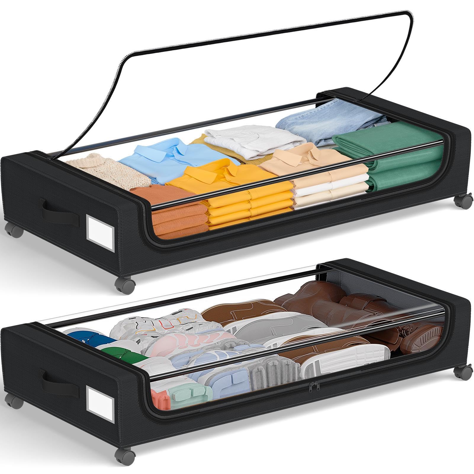 GoMaihe Under Bed Storage with Wheels: 70L Underbed Storage Containers with Clear Lids - Rolling Drawers & Bins for Shoes Clothes in Dorm Bedroom - Space-Saving Easy Pull-out Black 2-Pack Image