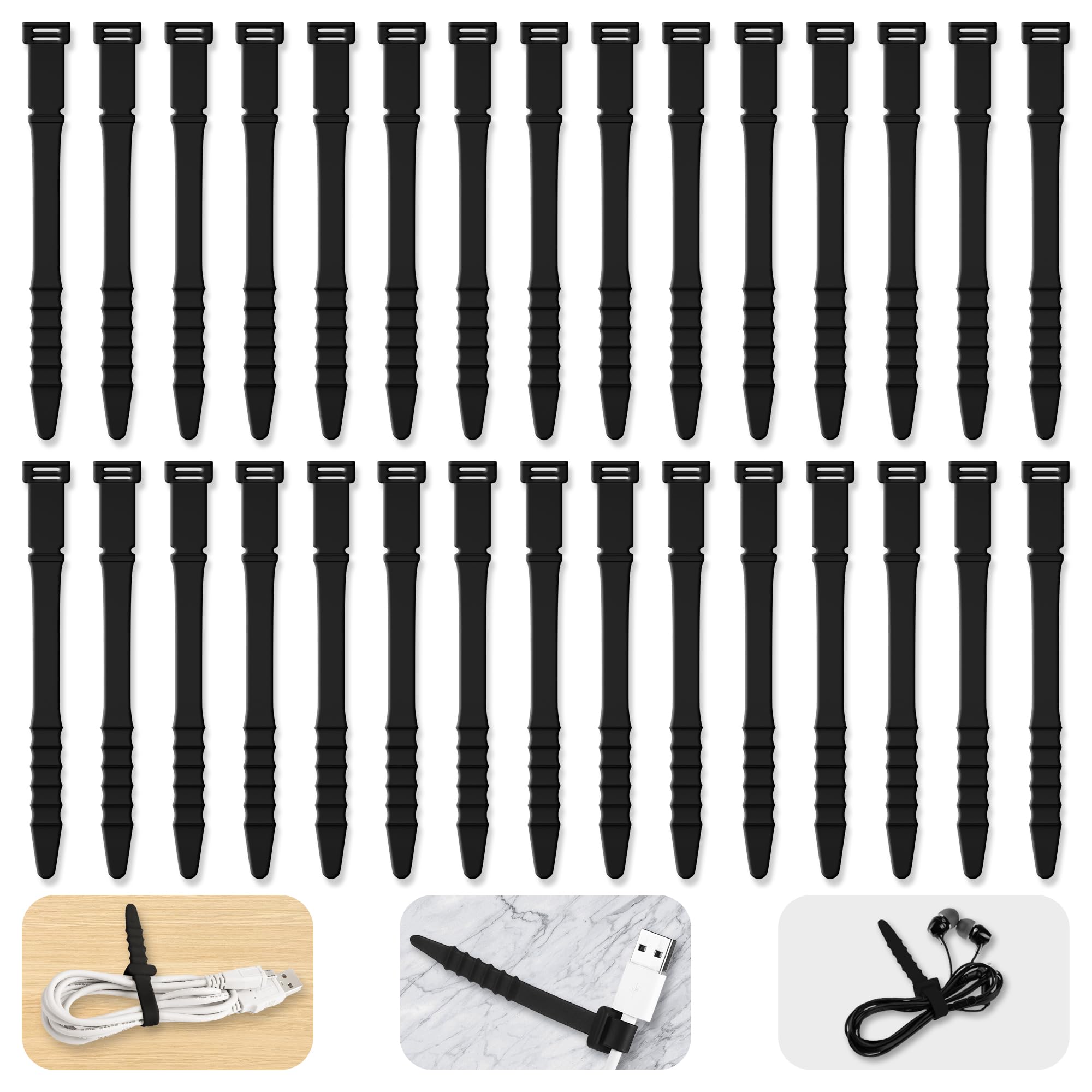 Silicone Cable Ties 4.5inch Reusable Cable Ties, 30pcs Reusable Zip Ties Elastic Silicone Cord Organizer Straps Ties for Charging Cables USB Cables Earphones Cable Audio(11.3cm, 30pcs, Black) — image 1