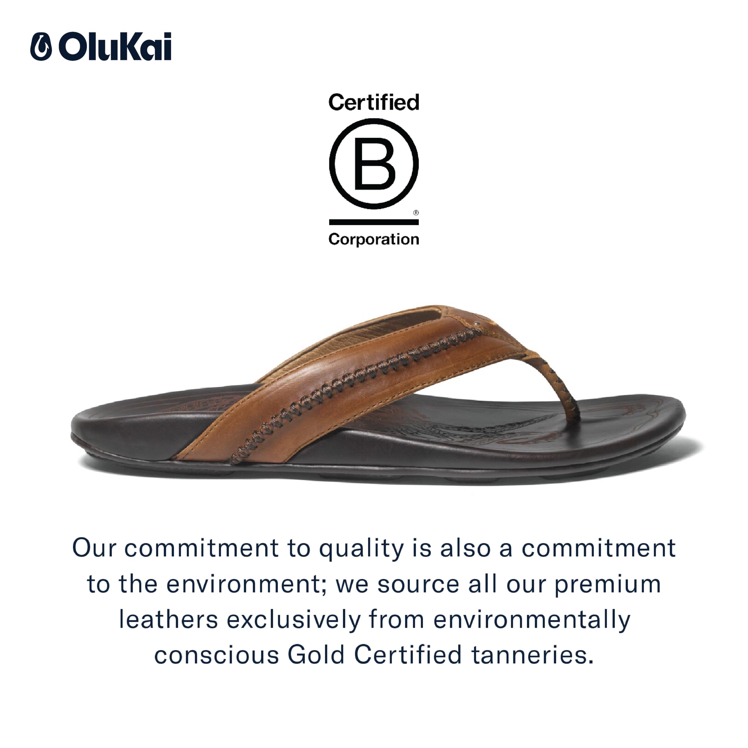 OLUKAI Mea Ola Men's Leather Beach Sandals, Soft & Durable Flip Flops, Arch Support & Comfort Fit, Enhanced Grip & Traction